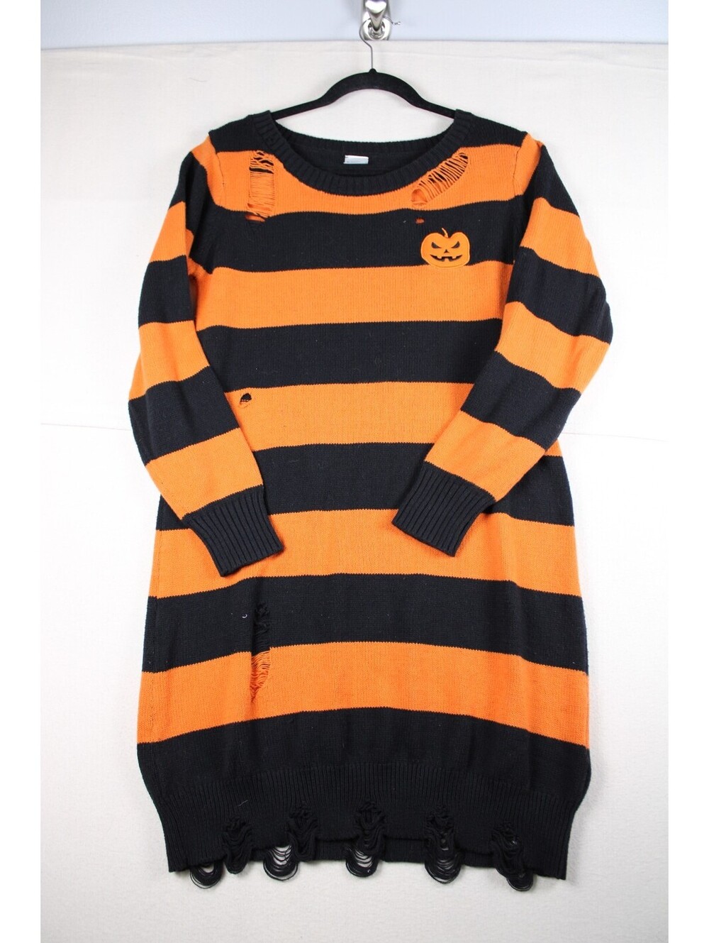 Spirit Halloween Distressed Orange & Black Striped Pumpkin Sweater Dress - L